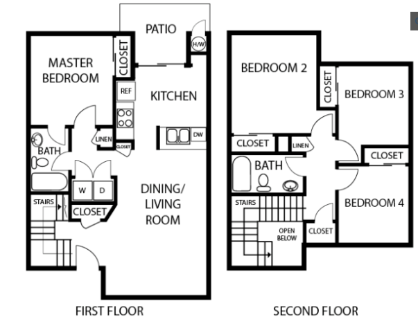 Floor plan for 4 beds, 2 baths, 1308 sqft
